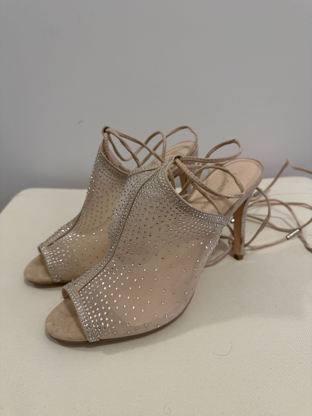 Le Chateau Crystal Beaded Nude Lace-Up Stiletto Sandal - Picture 5 of 11